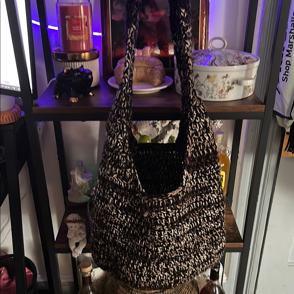 Black and White Shoulder Bag with Cozy Knit Texture